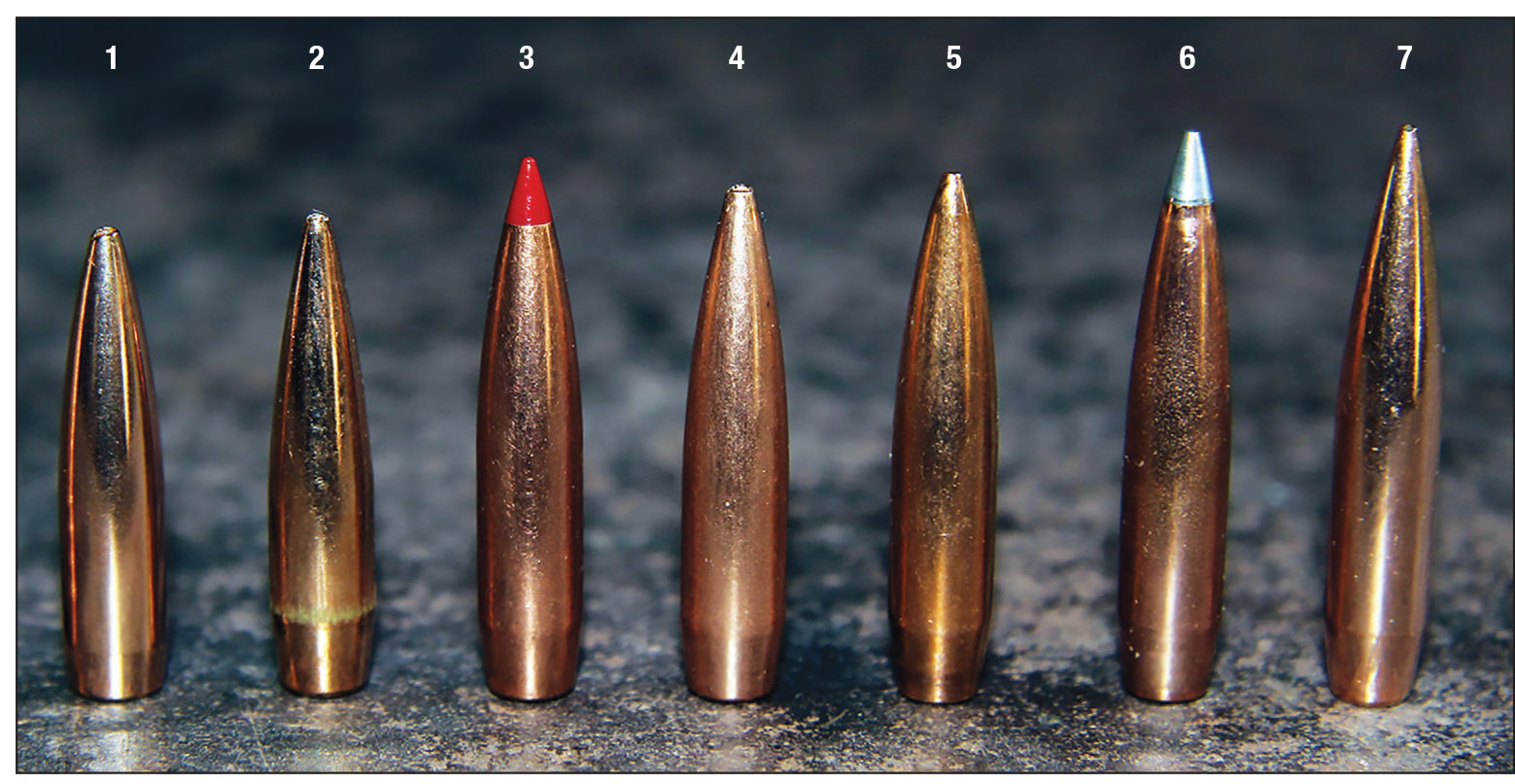 Bullets tested included: (1) Lapua 90-grain Scenar-L, (2) Berger 95-grain Classic Hunter, (3) Hornady 103-grain ELD-X, (4) Barnes 105-grain Match Burners, (5) Sierra 107-grain MatchKing, (6) Hornady 110-grain A-Tip Match and (7) Nosler 115-grain RDF.